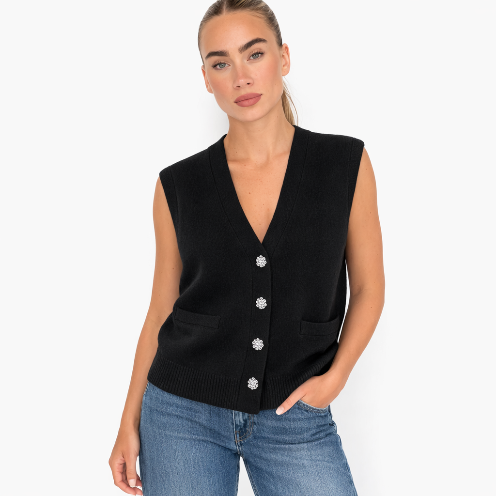Black Sleeveless Knit Vest with Rhinestone Buttons
