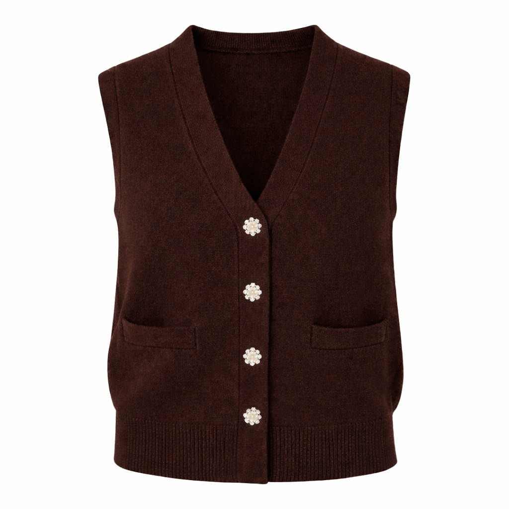 Brown Sleeveless Knit Vest with Rhinestone Buttons