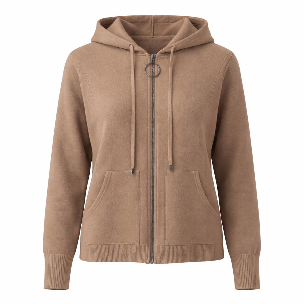 Camel Zip-Front Hooded Knit Cardigan