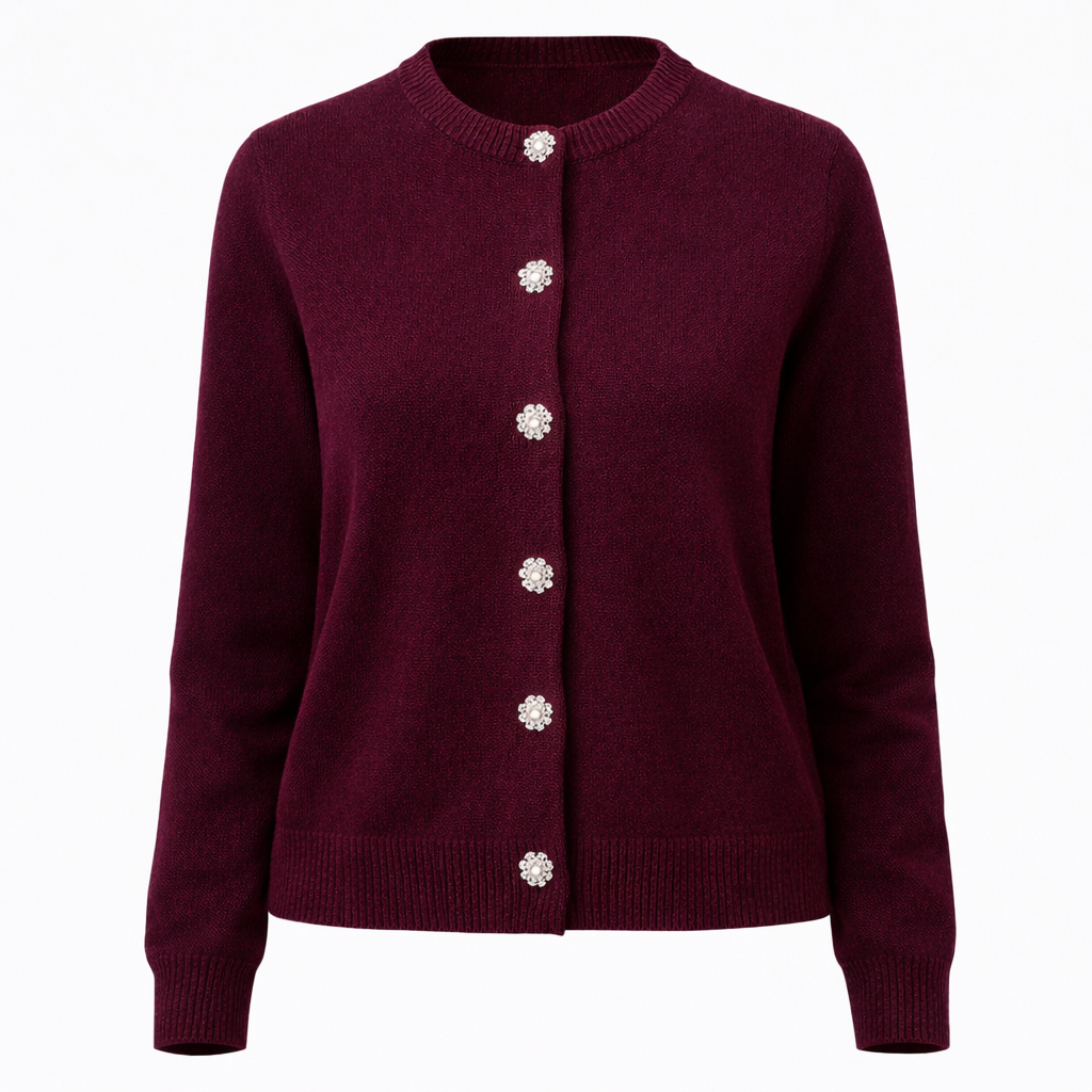 Burgundy Wool Knit Cardigan with Crystal Buttons