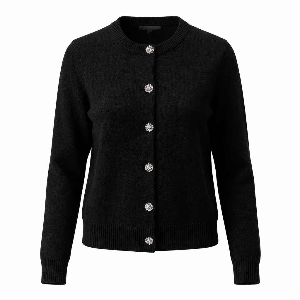 Black Wool Knit Cardigan with Crystal Buttons