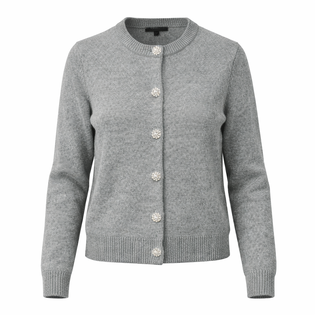 Grey Wool Knit Cardigan with Crystal Buttons