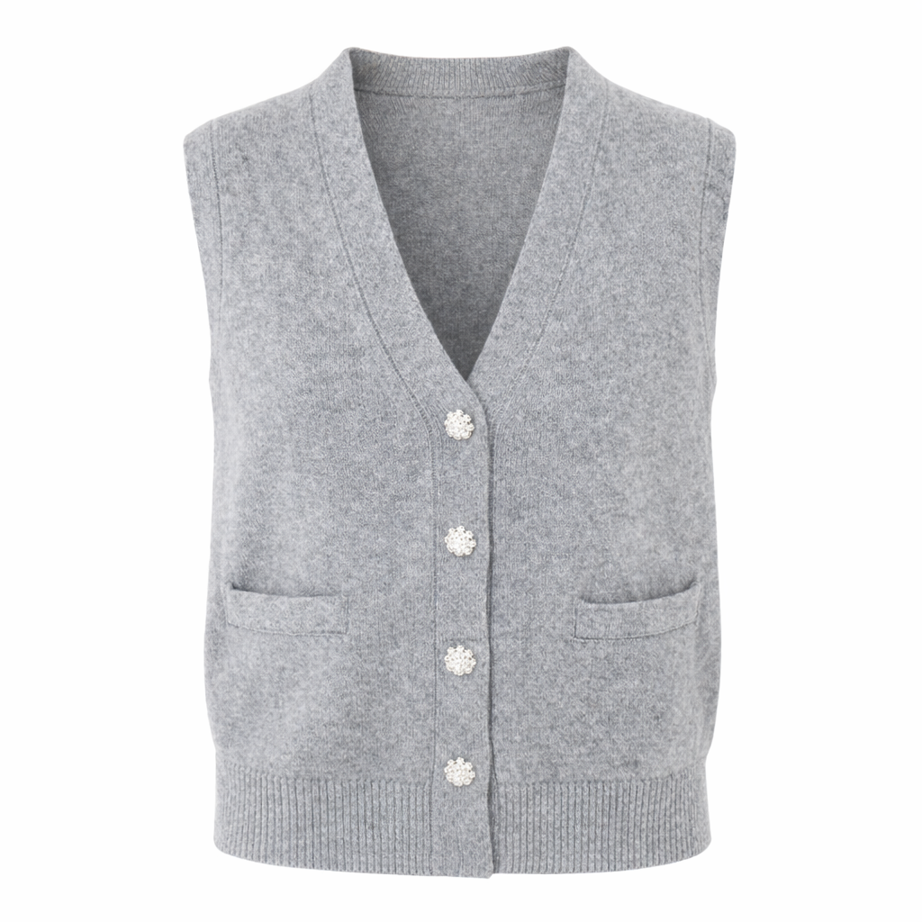 Grey Sleeveless Knit Vest with Rhinestone Buttons