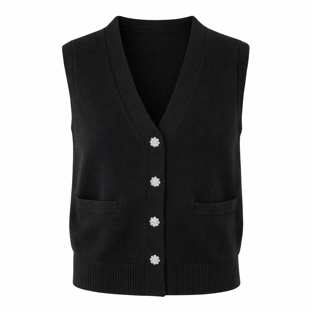 Black Sleeveless Knit Vest with Rhinestone Buttons