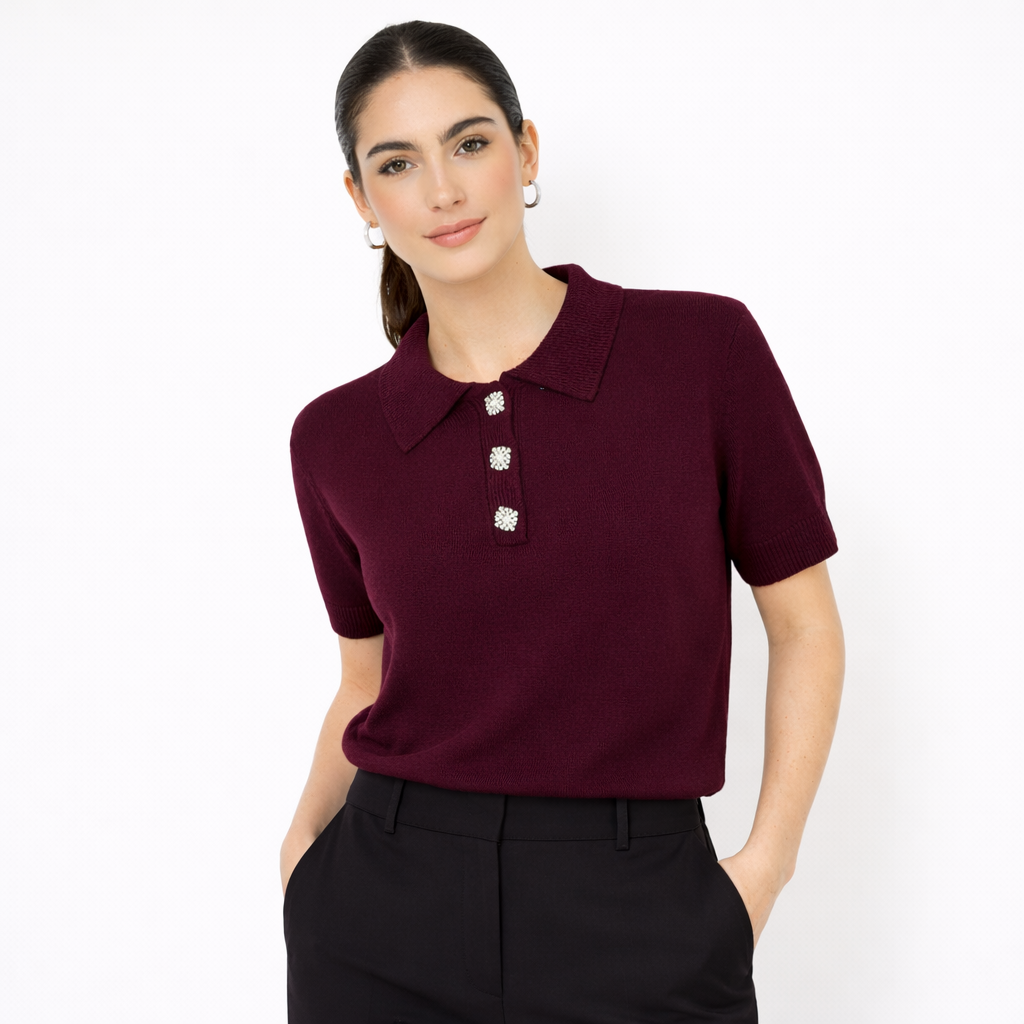 Burgundy Embellished Knit Polo