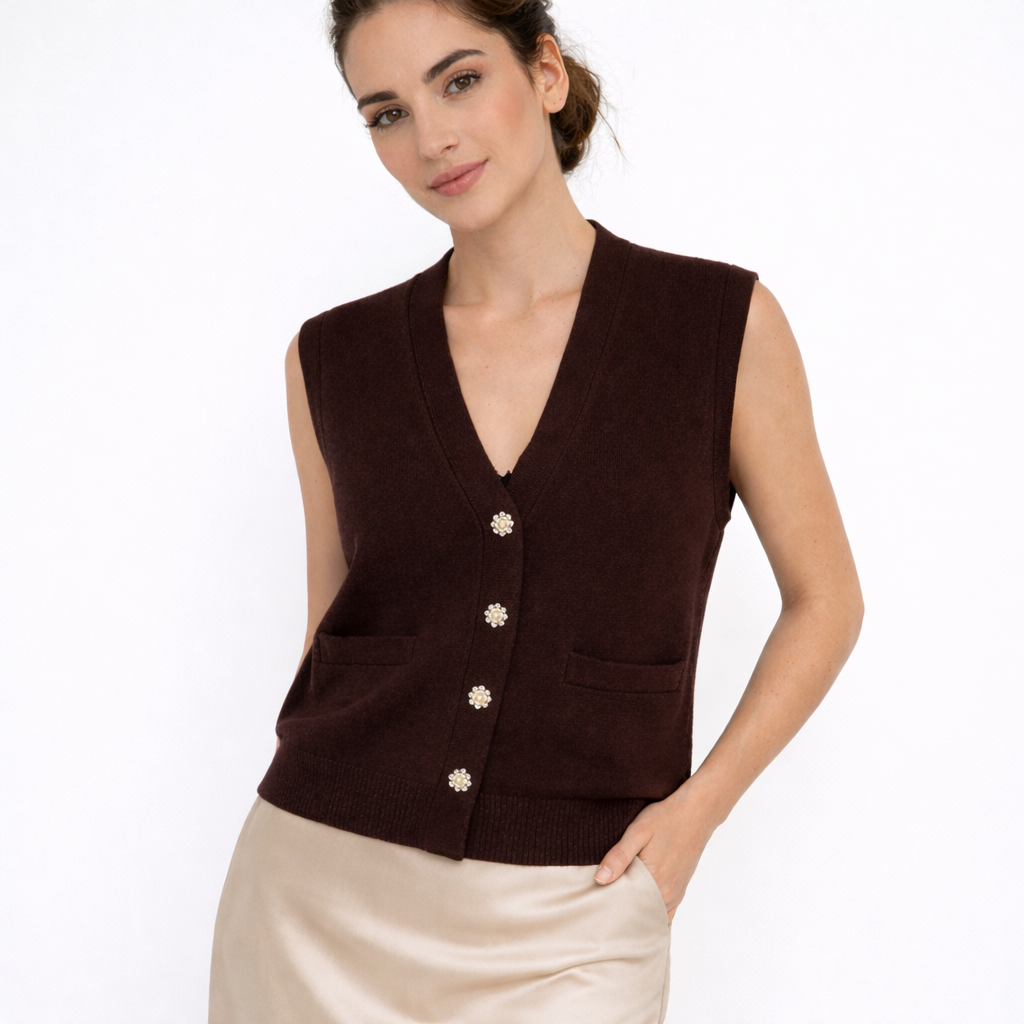 Brown Sleeveless Knit Vest with Rhinestone Buttons