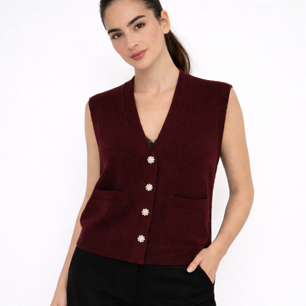 Burgundy Sleeveless Knit Vest with Rhinestone Buttons