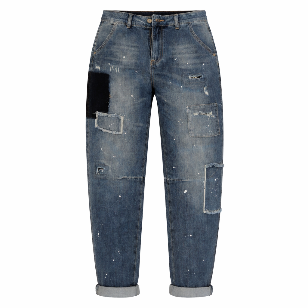 Patchwork Distressed Barrel-Leg Denim