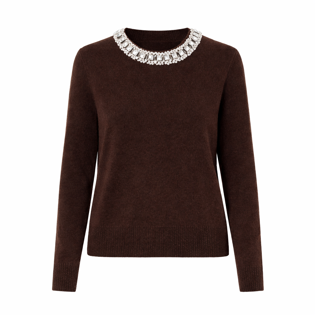 Cashmere-Blend Crewneck Sweater with Jeweled Collar