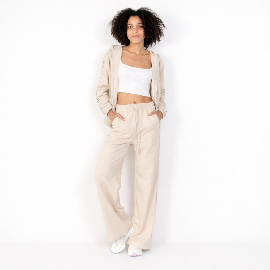 Beige Casual Zip-Up Hoodie and Wide-Leg Jogger Set