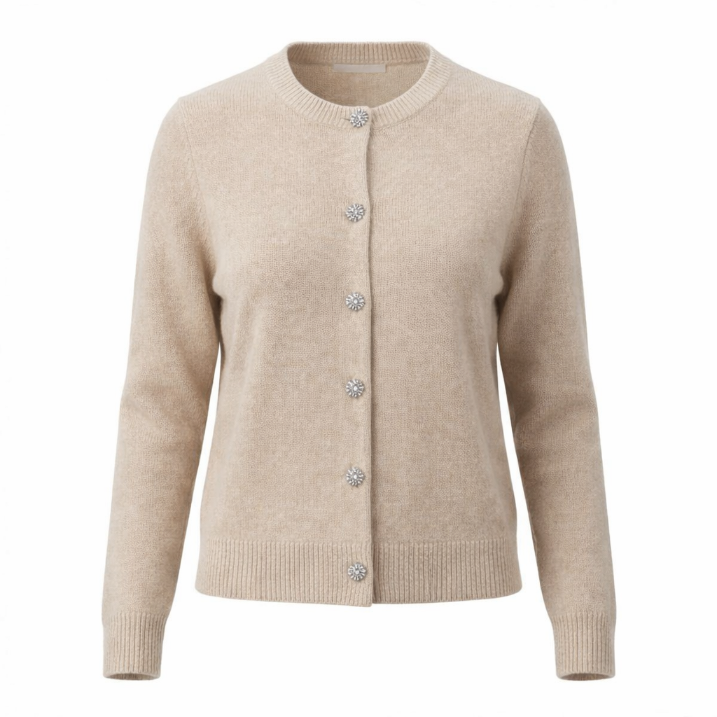 Beige Wool Knit Cardigan with Crystal Buttons