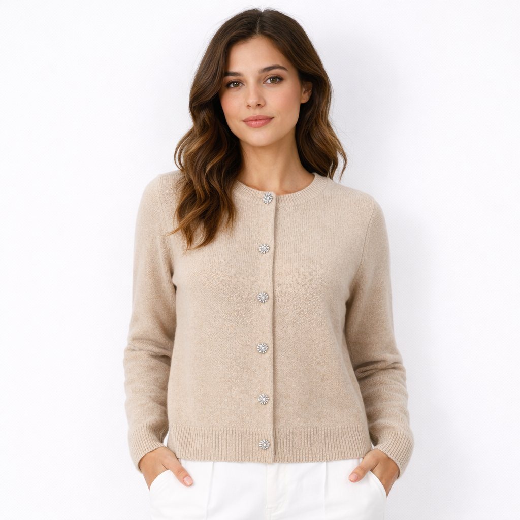 Beige Wool Knit Cardigan with Crystal Buttons