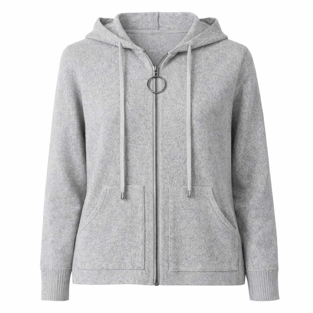 Grey Zip-Front Hooded Knit Cardigan