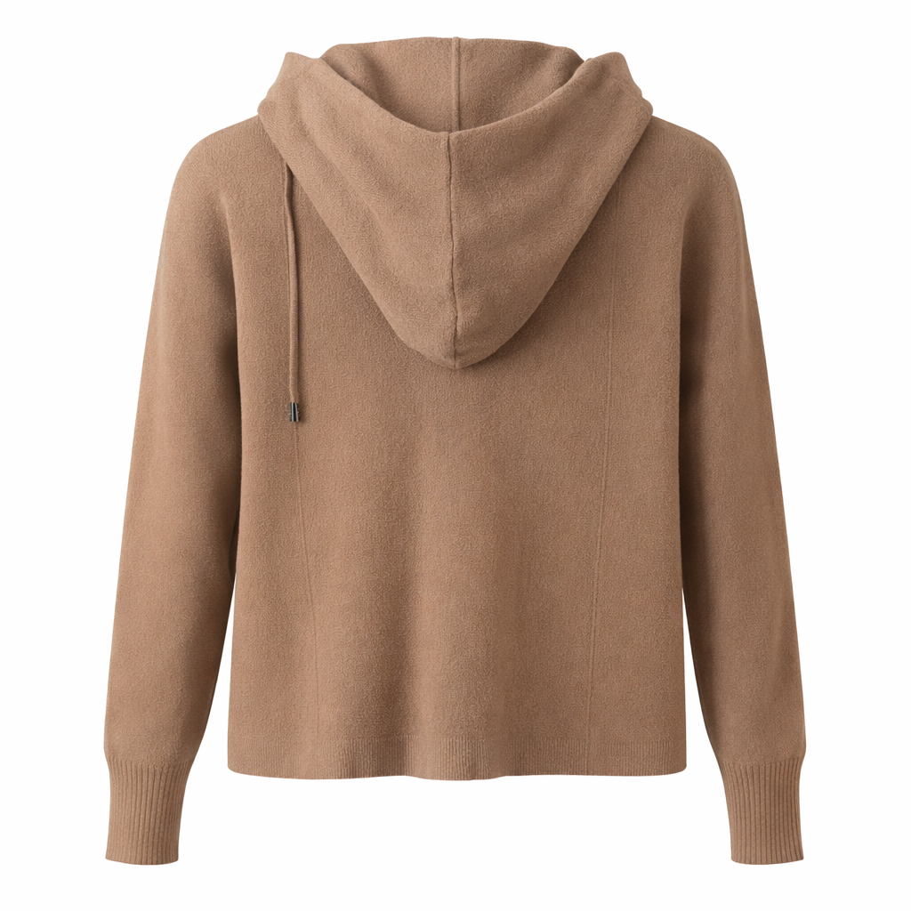 Camel Zip-Front Hooded Knit Cardigan