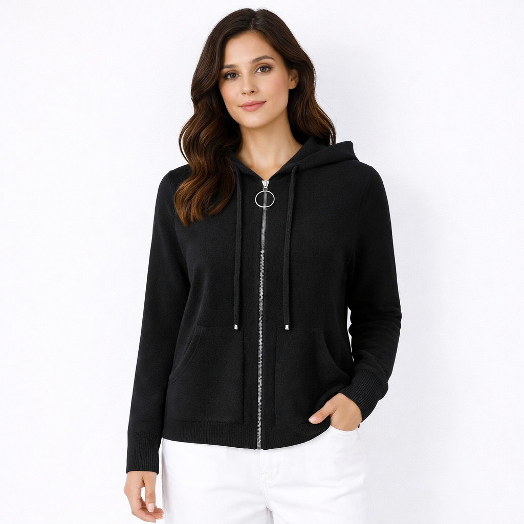 Black Zip-Front Hooded Knit Cardigan