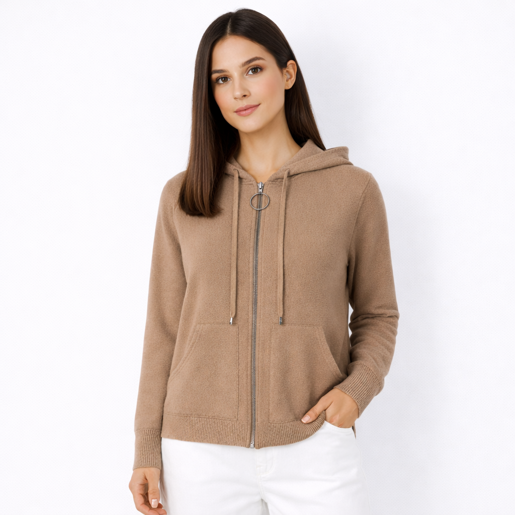Camel Zip-Front Hooded Knit Cardigan