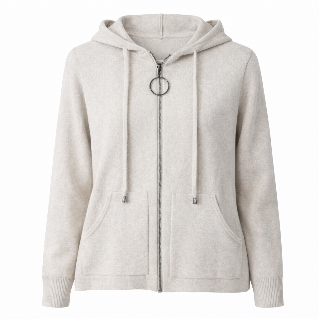Light Beige Zip-Front Hooded Knit Cardigan