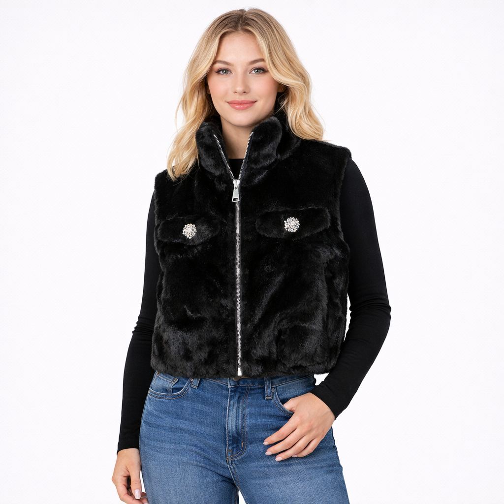 faux fur vest with crystal button pockets