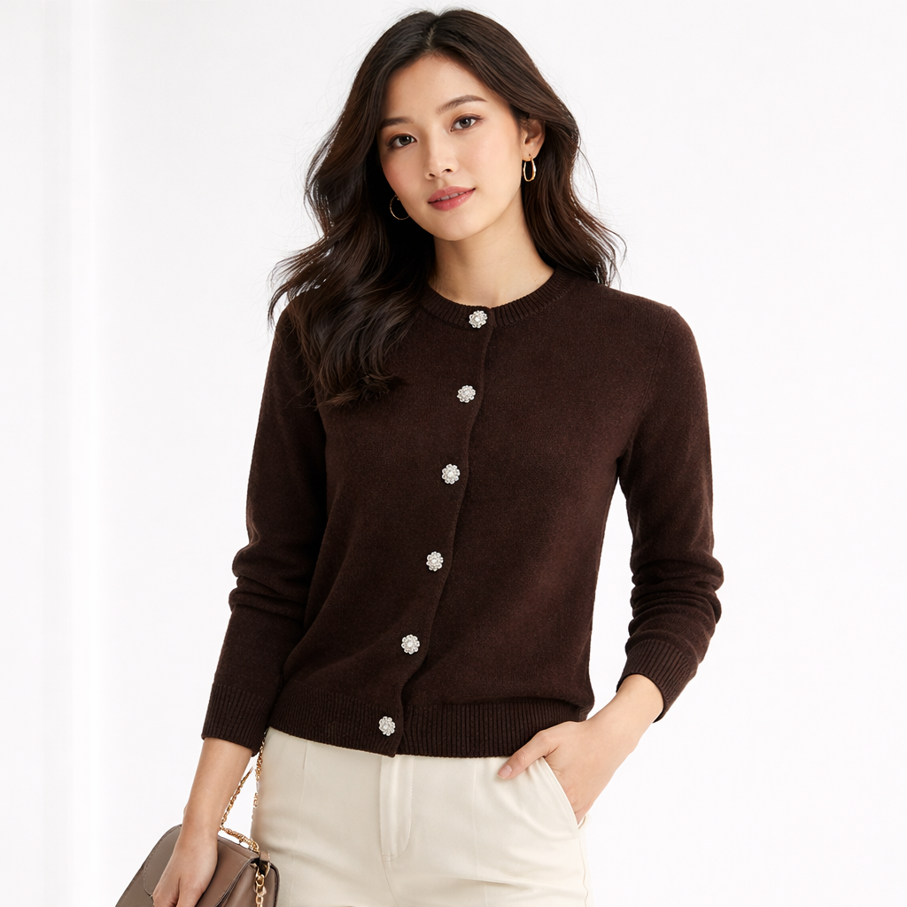Brown Wool Knit Cardigan with Crystal Buttons