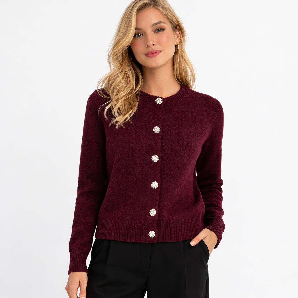 Burgundy Wool Knit Cardigan with Crystal Buttons