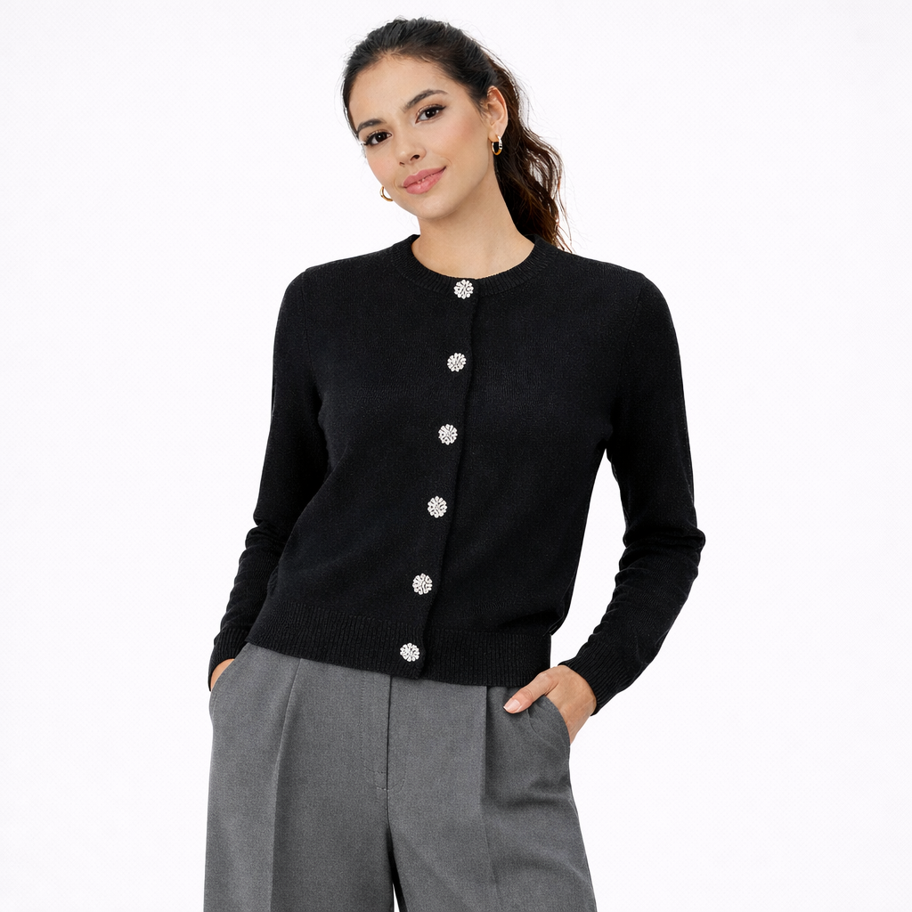 Black Wool Knit Cardigan with Crystal Buttons