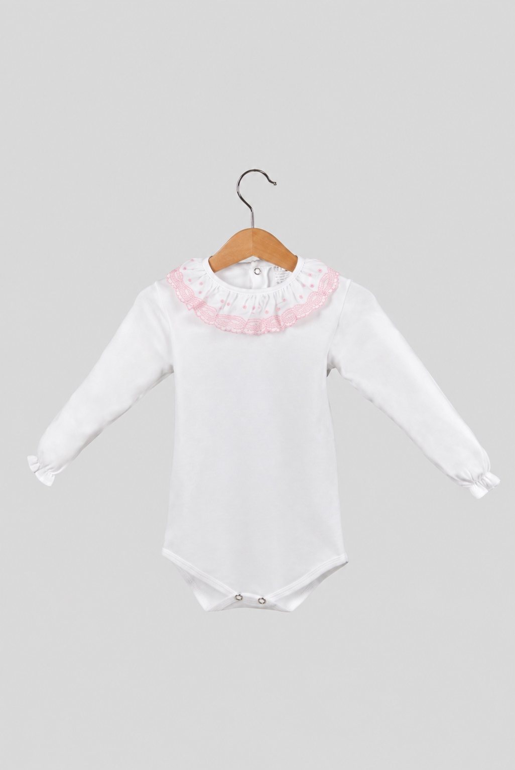Long-Sleeve Cotton Baby Bodysuit with Light Pink -Embroidered Collar