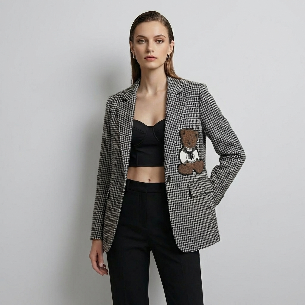 Houndstooth Tailored Blazer with Teddy Patch Detail