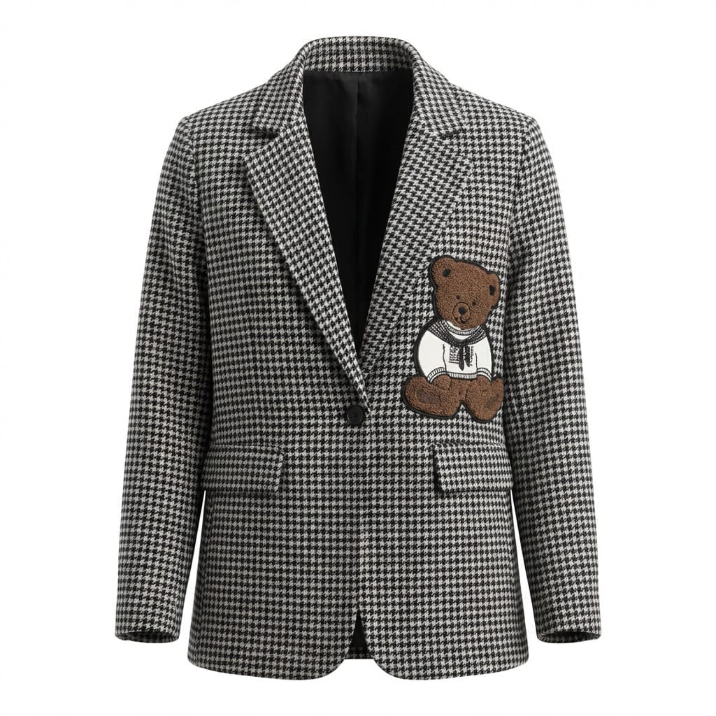 Houndstooth Tailored Blazer with Teddy Patch Detail