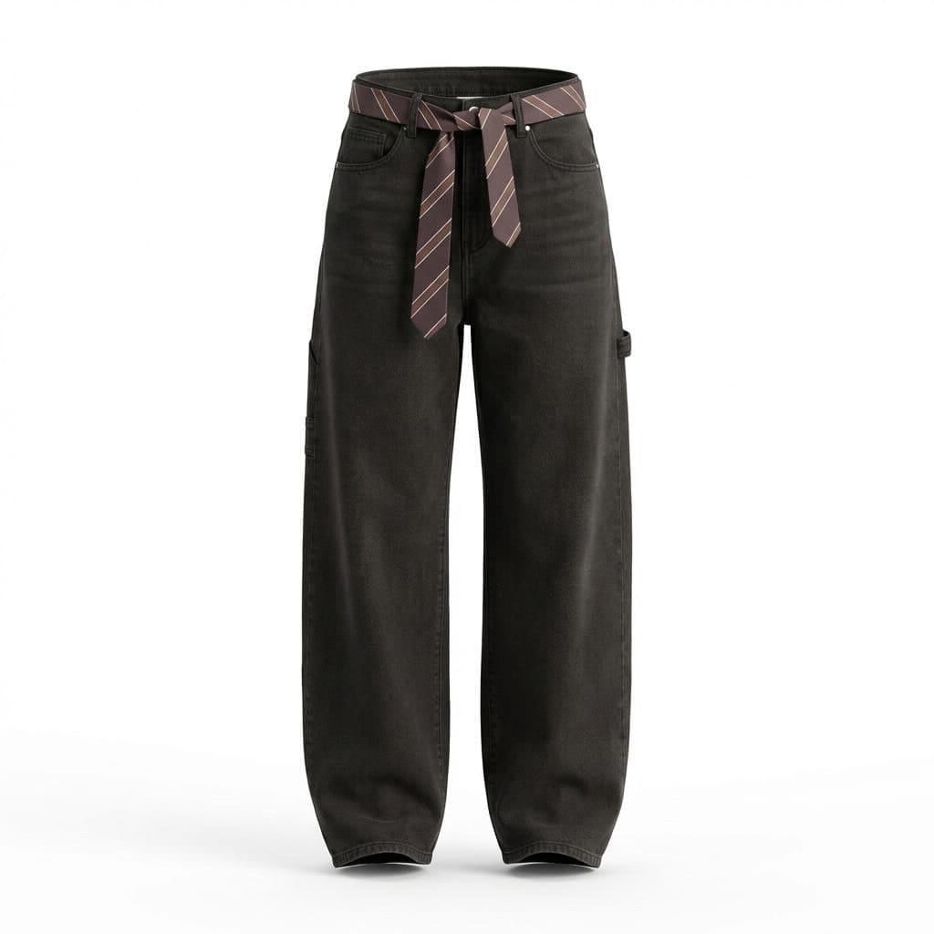Relaxed straight-leg pants with striped tie belt detail