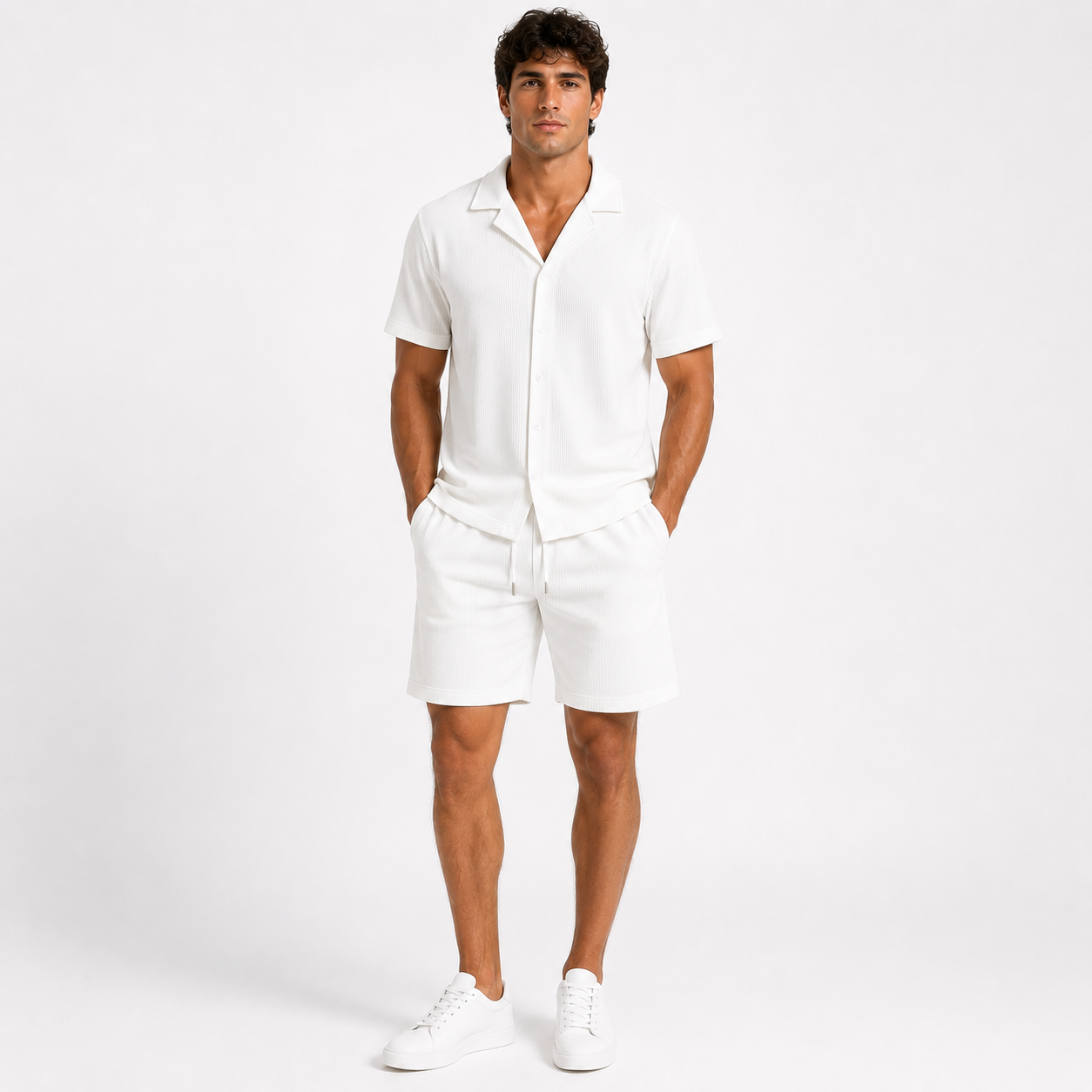 White Textured Shorts Set