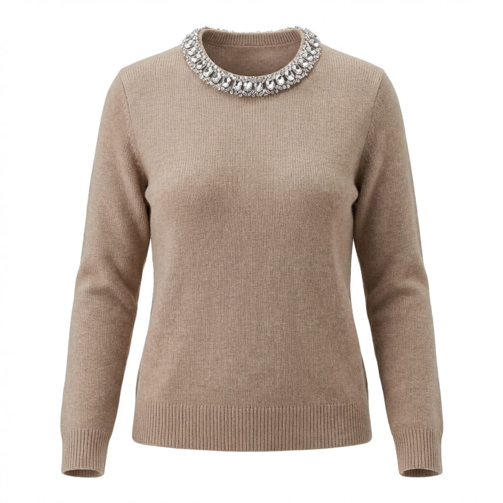 Cashmere-Blend Crewneck Sweater with Jeweled Collar