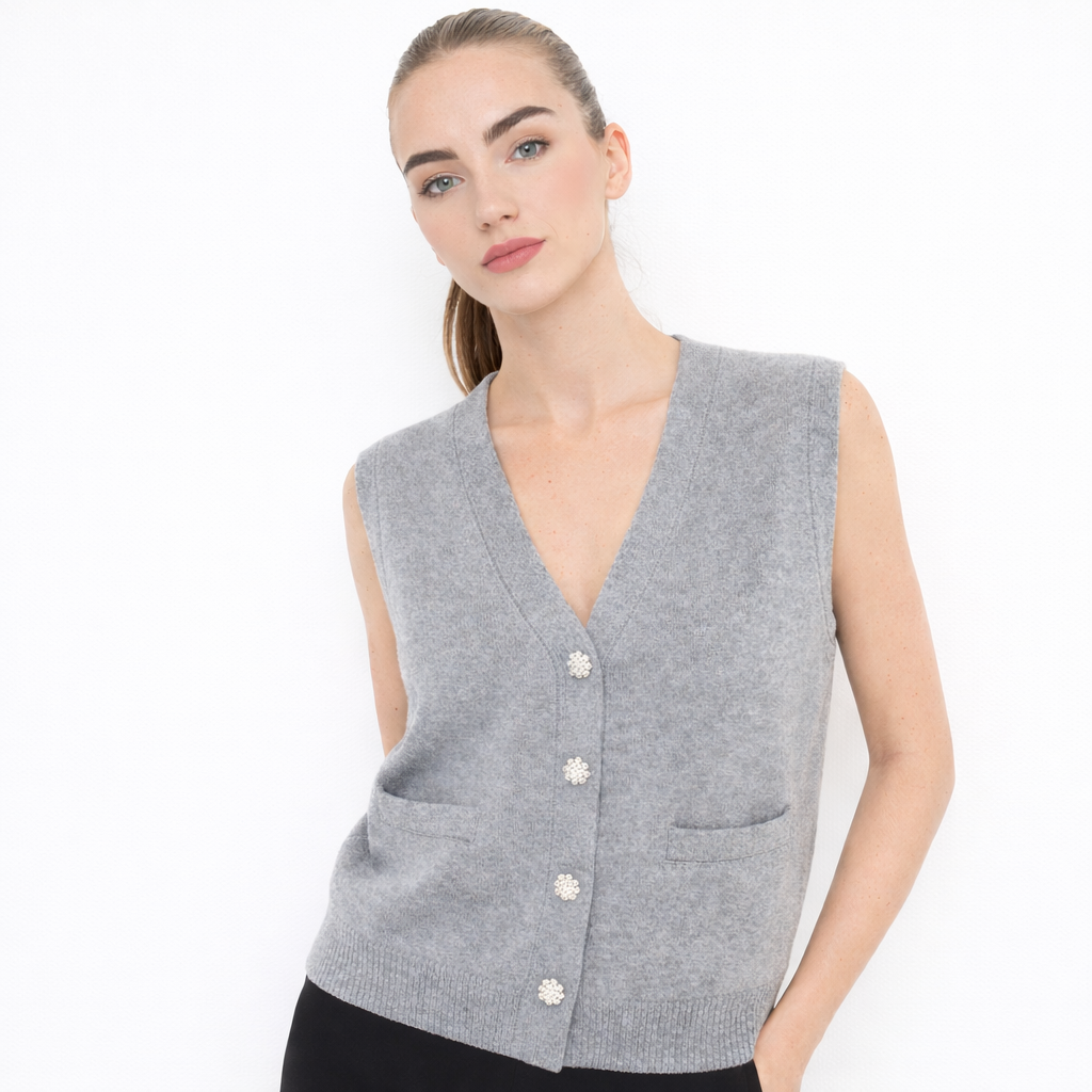 Grey Sleeveless Knit Vest with Rhinestone Buttons