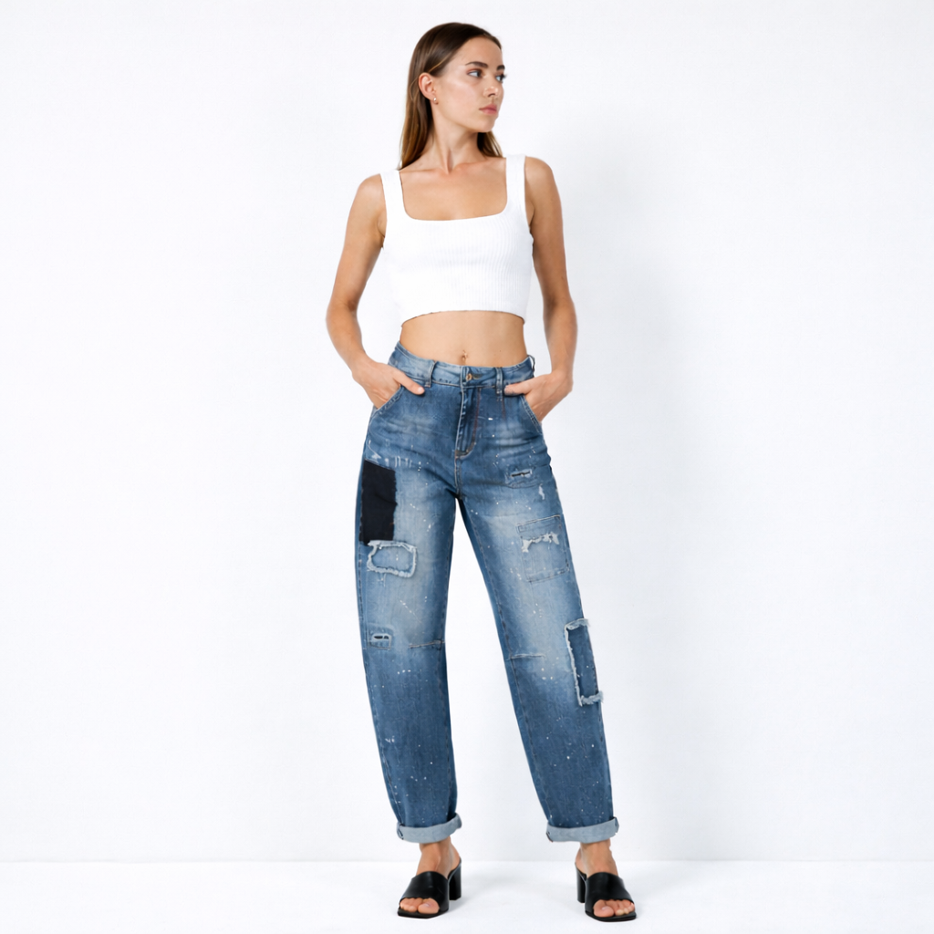 Patchwork Distressed Barrel-Leg Denim