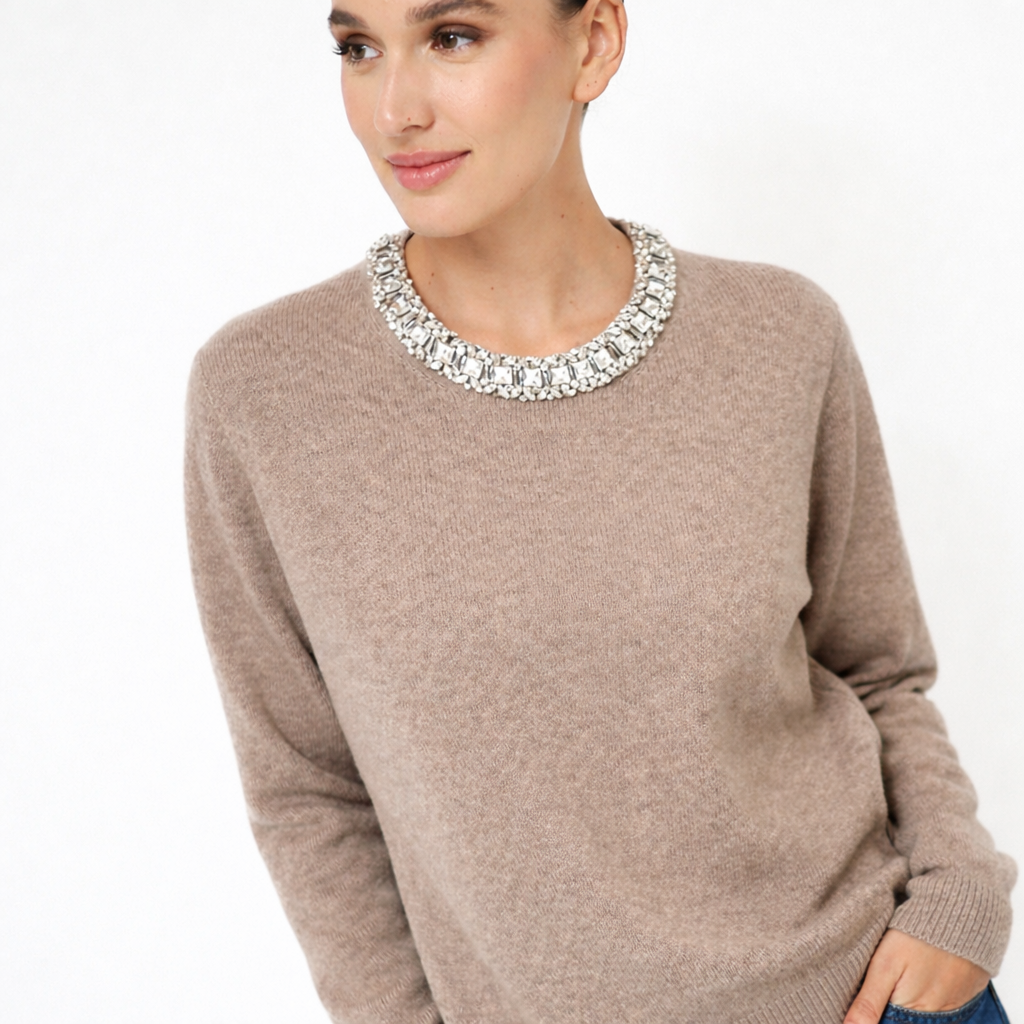Cashmere-Blend Crewneck Sweater with Jeweled Collar