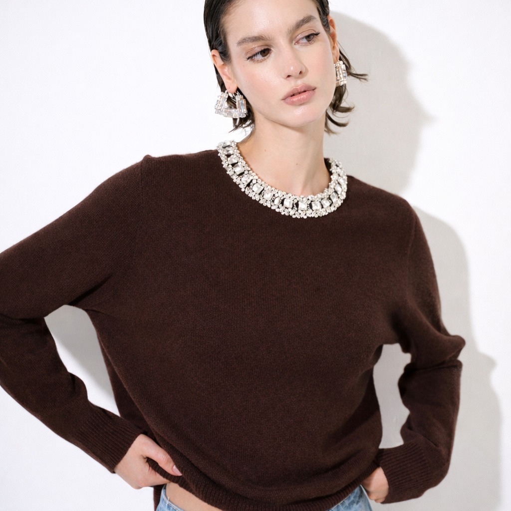Cashmere-Blend Crewneck Sweater with Jeweled Collar