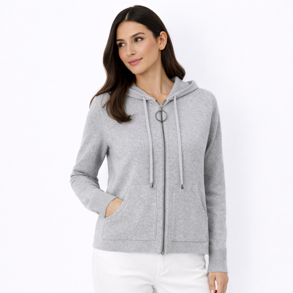 Grey Zip-Front Hooded Knit Cardigan