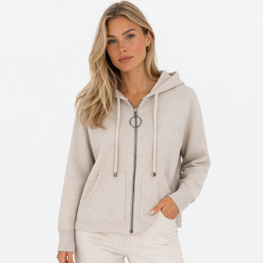 Light Beige Zip-Front Hooded Knit Cardigan