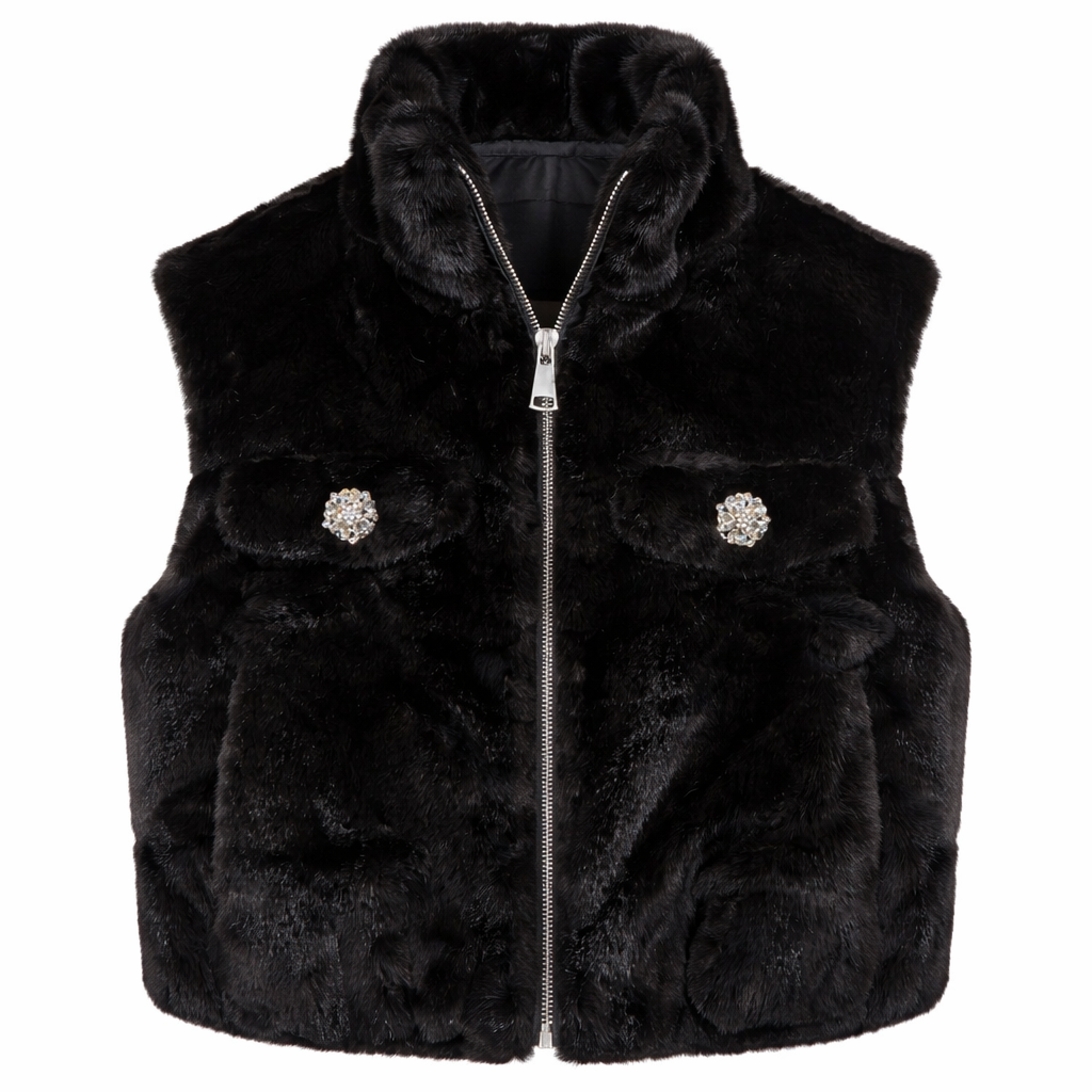 faux fur vest with crystal button pockets