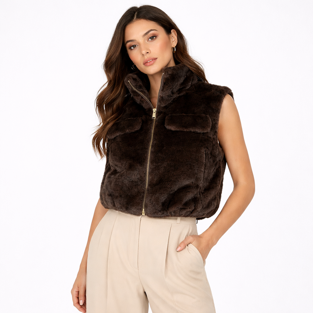 High collar faux fur vest with flap pockets