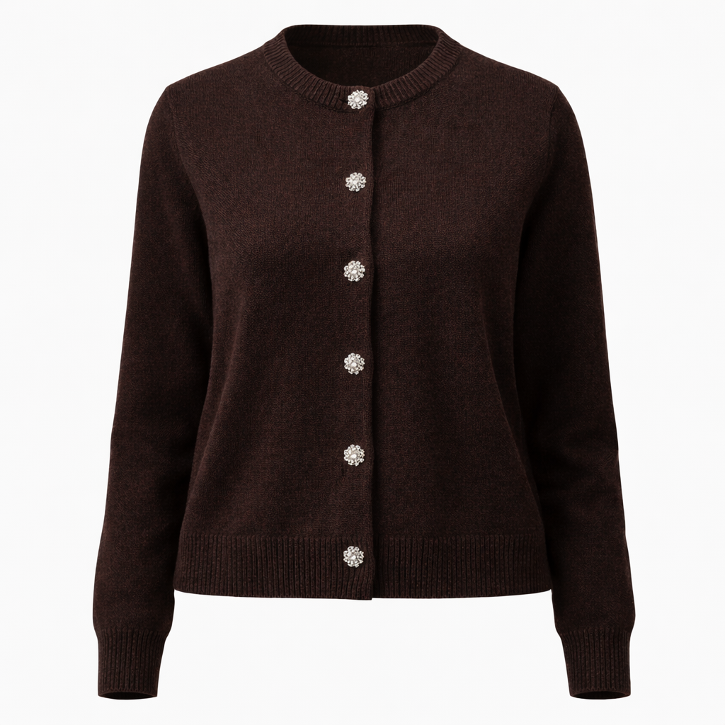 Brown Wool Knit Cardigan with Crystal Buttons
