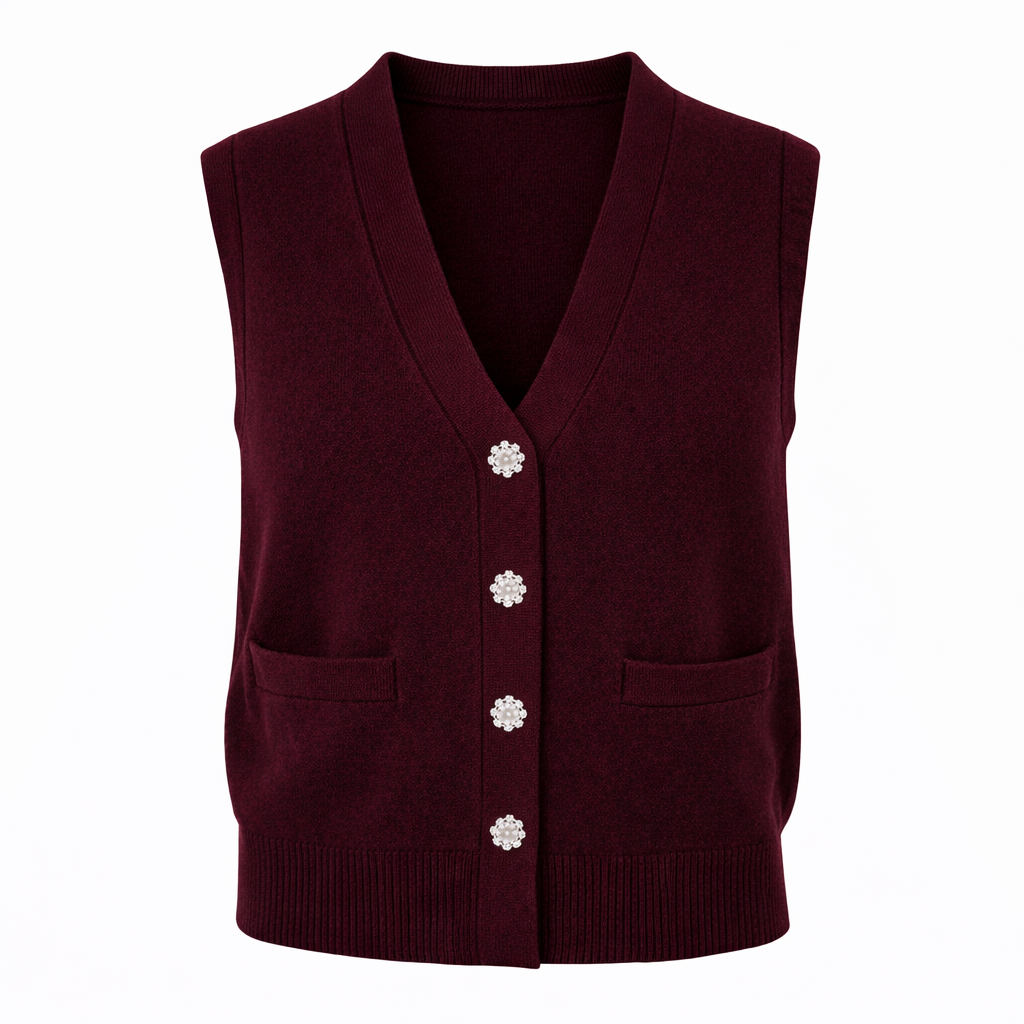 Burgundy Sleeveless Knit Vest with Rhinestone Buttons