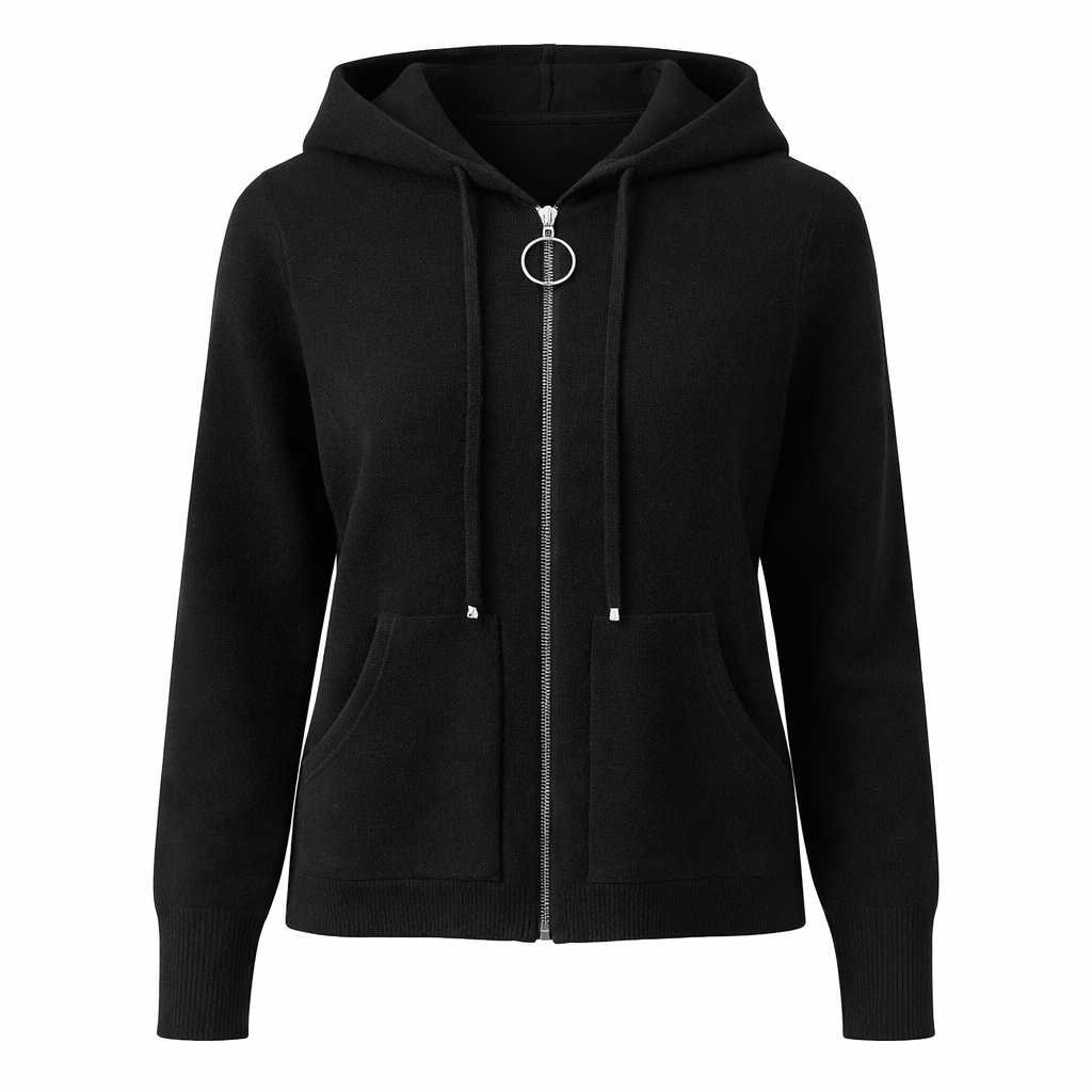 Black Zip-Front Hooded Knit Cardigan