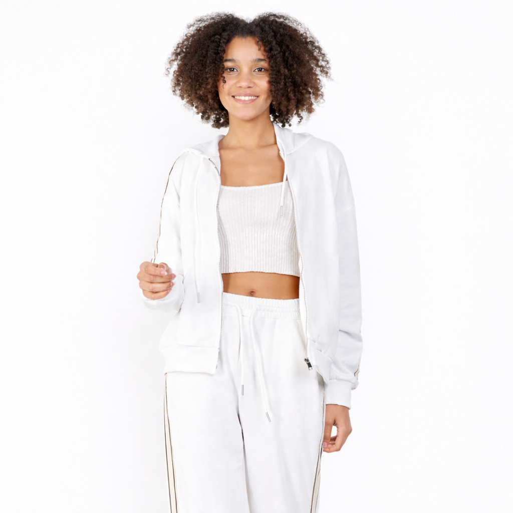 White Casual Zip-Up Hoodie and Wide-Leg Jogger Set