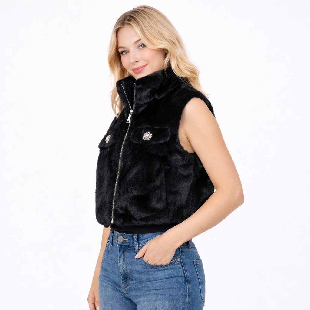 faux fur vest with crystal button pockets