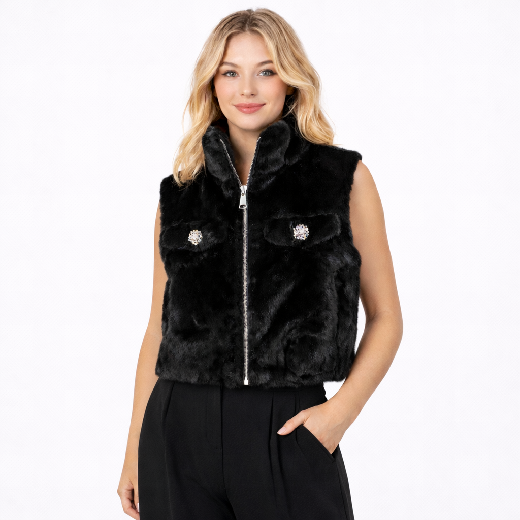faux fur vest with crystal button pockets