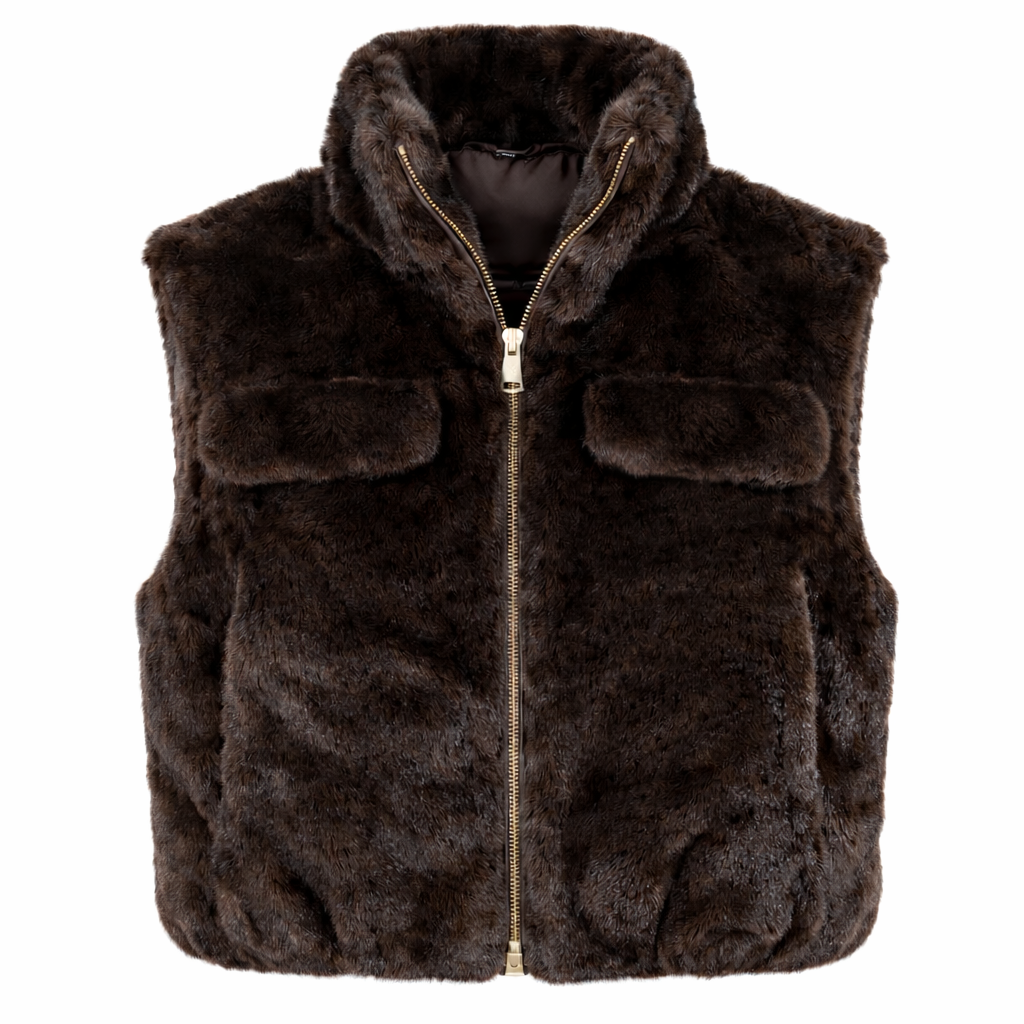 High collar faux fur vest with flap pockets