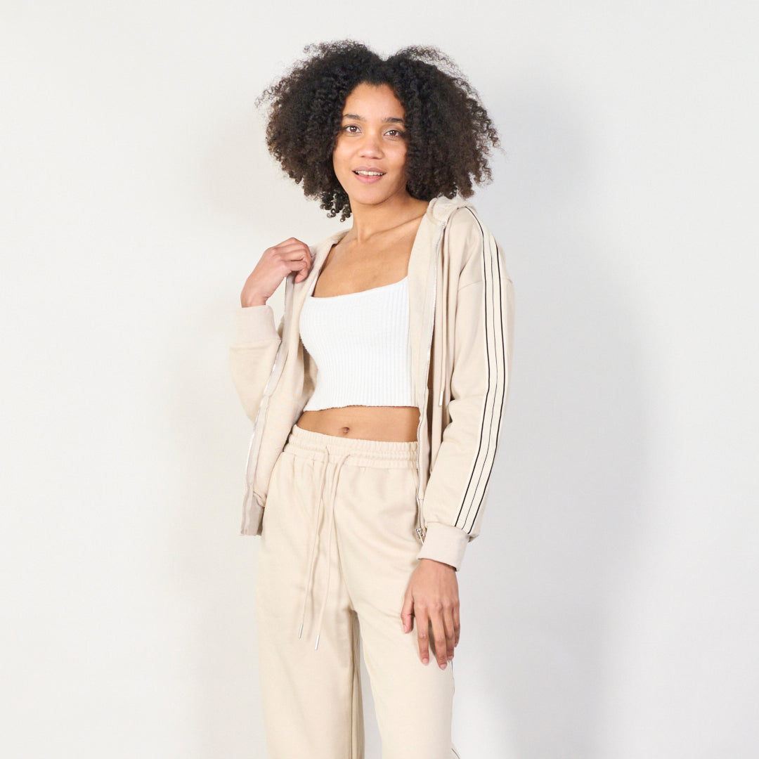 Beige Casual Zip-Up Hoodie and Wide-Leg Jogger Set