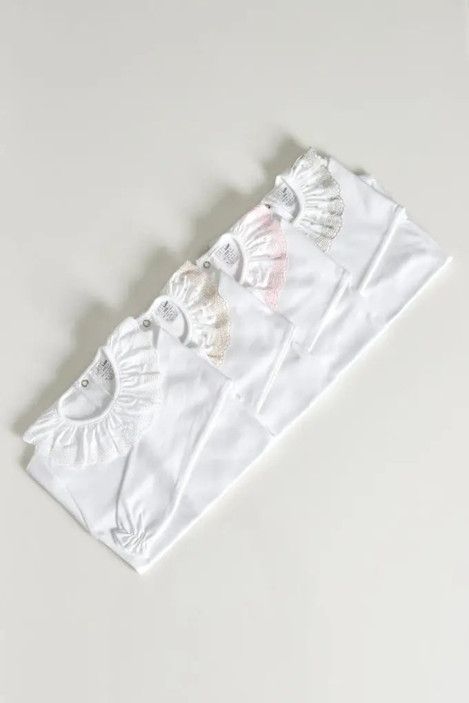 Long-Sleeve Cotton Baby Bodysuit with Light Pink -Embroidered Collar
