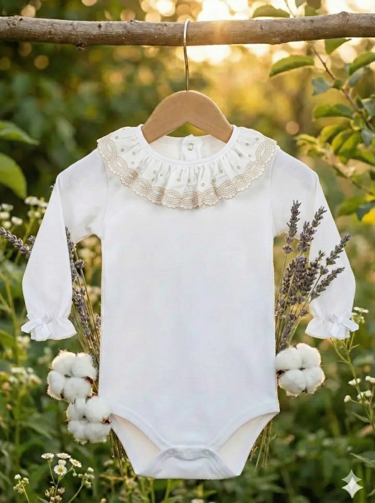 Long-Sleeve Cotton Baby Bodysuit with Gold-Embroidered Collar