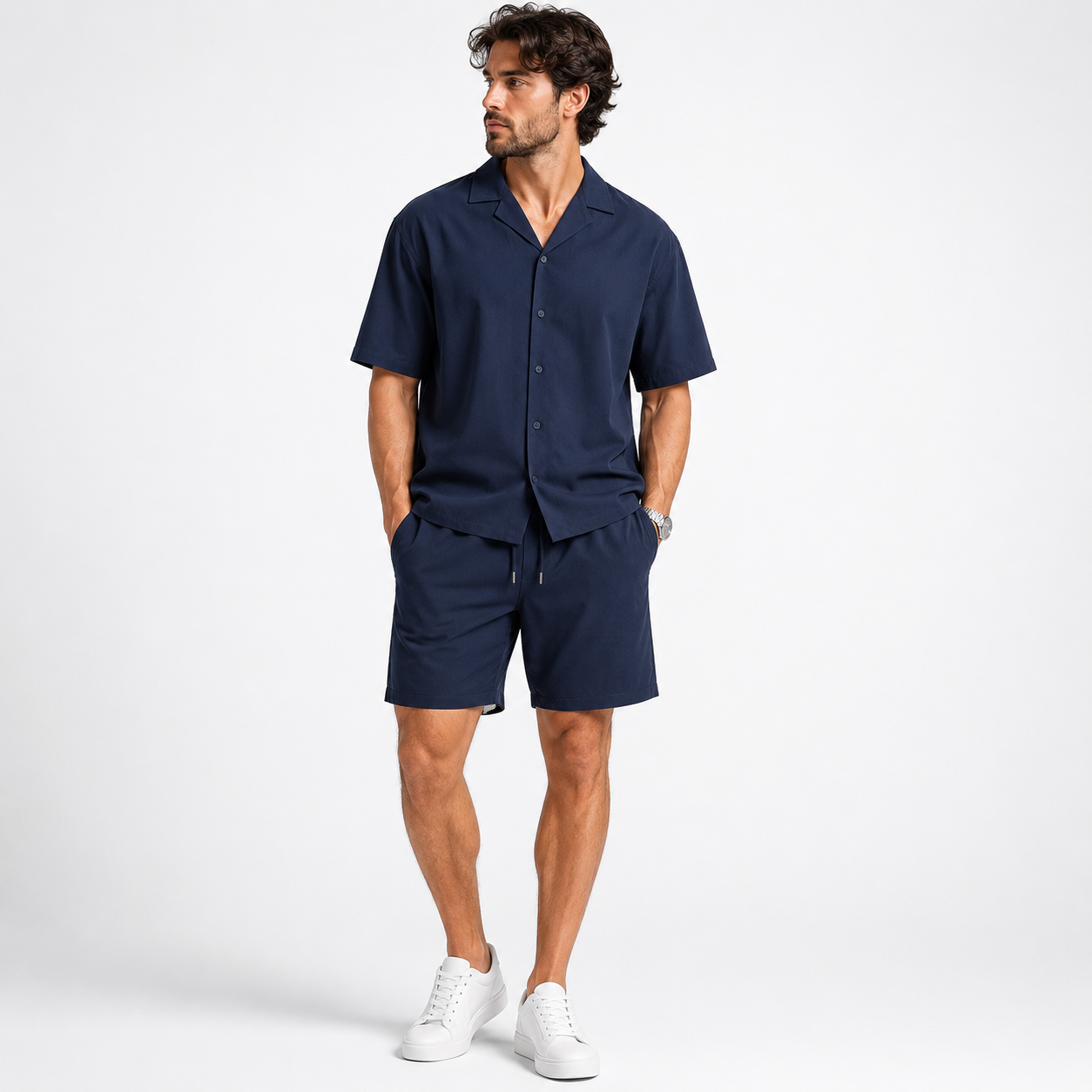Blue Navy Fluid Shirt & Shorts Set